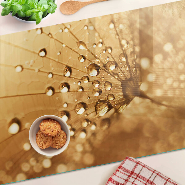 Glass cutting board Water drops on a dandelion