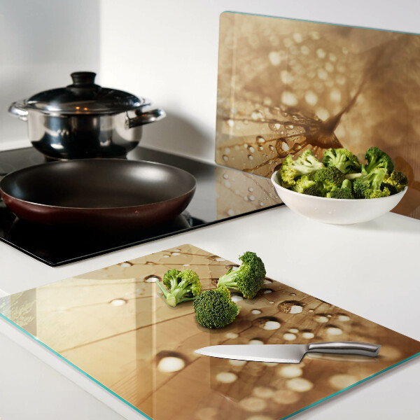 Glass cutting board Water drops on a dandelion