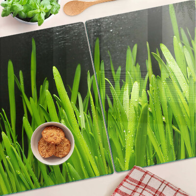 Chopping board glass Green grass with water drops