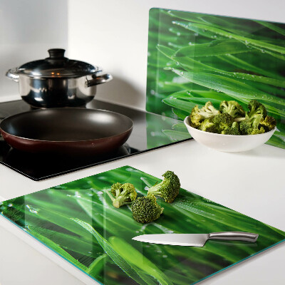 Glass chopping board Grass with water drops