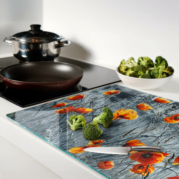Glass chopping board Poppy landscape in shades of gray