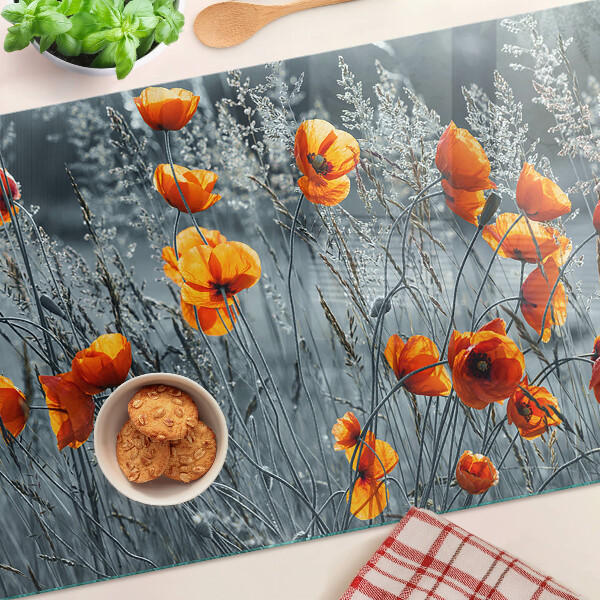 Glass chopping board Poppy landscape in shades of gray