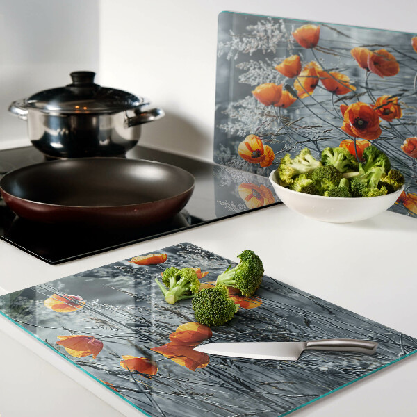 Glass chopping board Poppy landscape in shades of gray