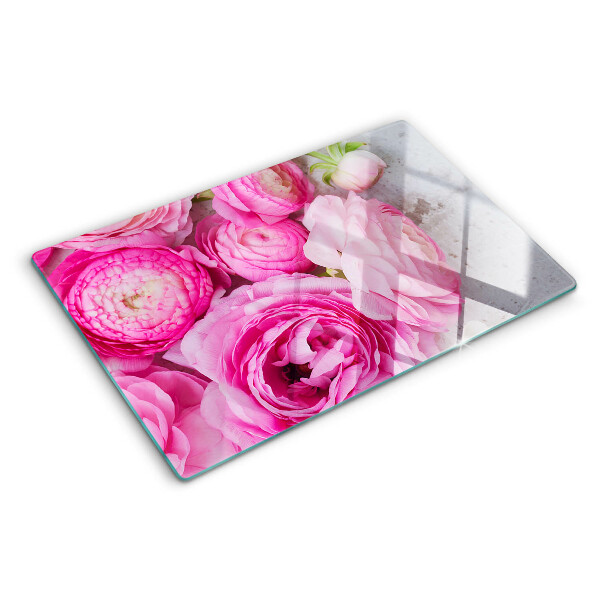 Glass cutting board Pink flowers in a bouquet