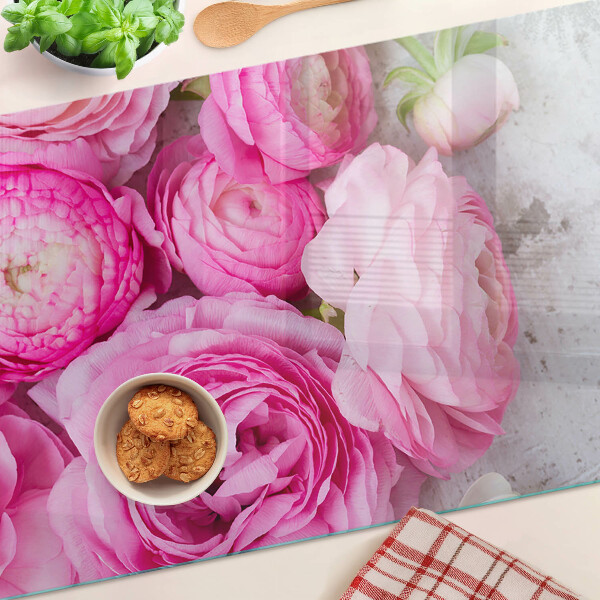Glass cutting board Pink flowers in a bouquet