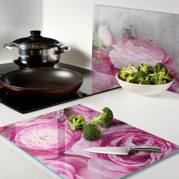 Glass cutting board Pink flowers in a bouquet
