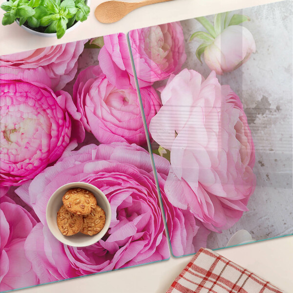 Glass cutting board Pink flowers in a bouquet