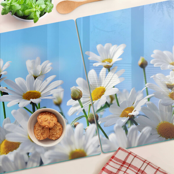 Glass chopping board Daisy flowers on a blue background