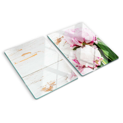 Glass cutting board Peony flowers on a wood background