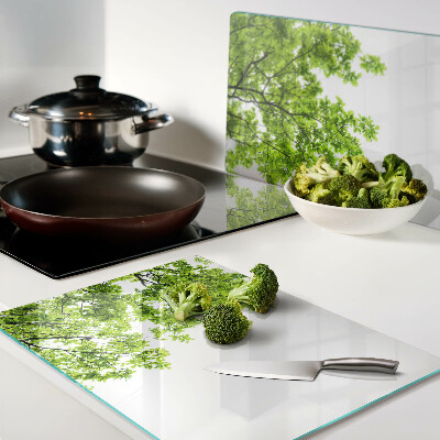 Glass kitchen board Green leaves against the sky