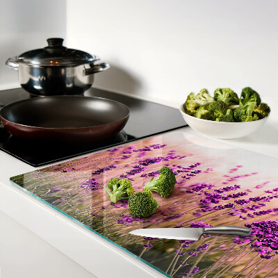 Chopping board glass Lavender field in the sunshine