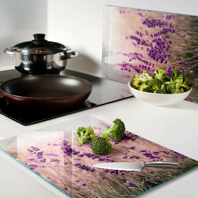 Chopping board glass Lavender field in the sunshine