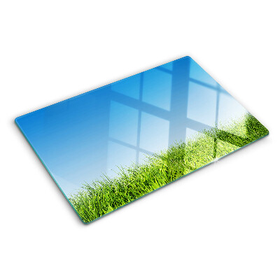 Glass kitchen board Green meadow under a blue sky