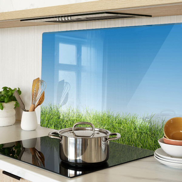Glass kitchen board Green meadow under a blue sky
