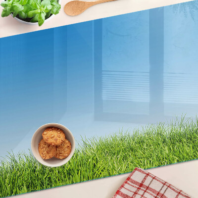 Glass kitchen board Green meadow under a blue sky