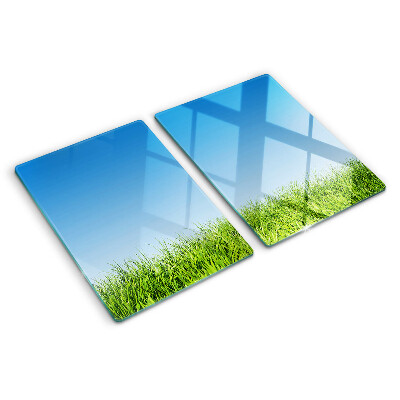 Glass kitchen board Green meadow under a blue sky