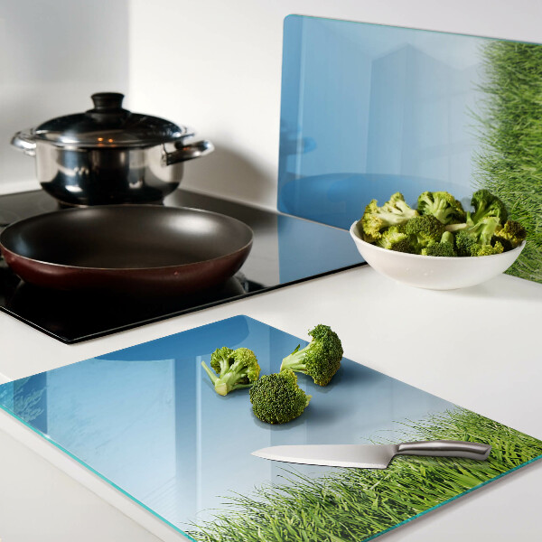 Glass kitchen board Green meadow under a blue sky