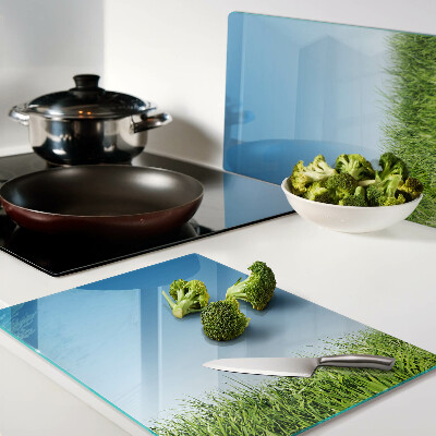 Glass kitchen board Green meadow under a blue sky