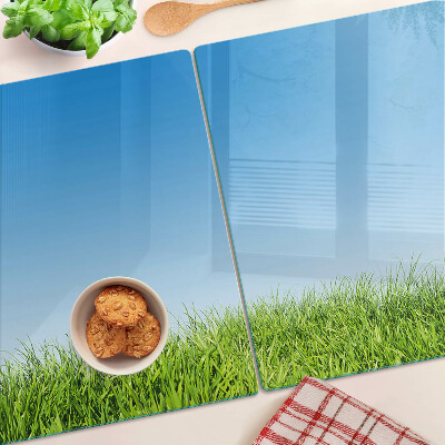 Glass kitchen board Green meadow under a blue sky