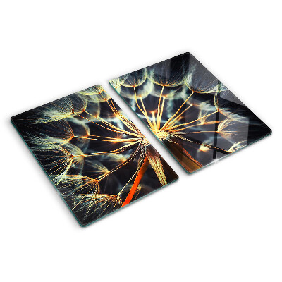 Chopping board glass Dandelions in macro photography