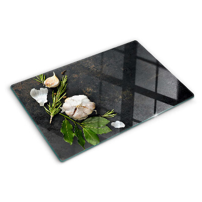 Chopping board Flowers and herbs on a marble background