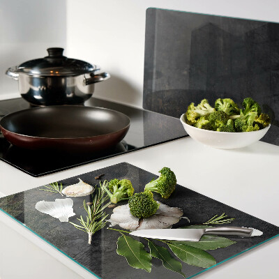 Chopping board Flowers and herbs on a marble background