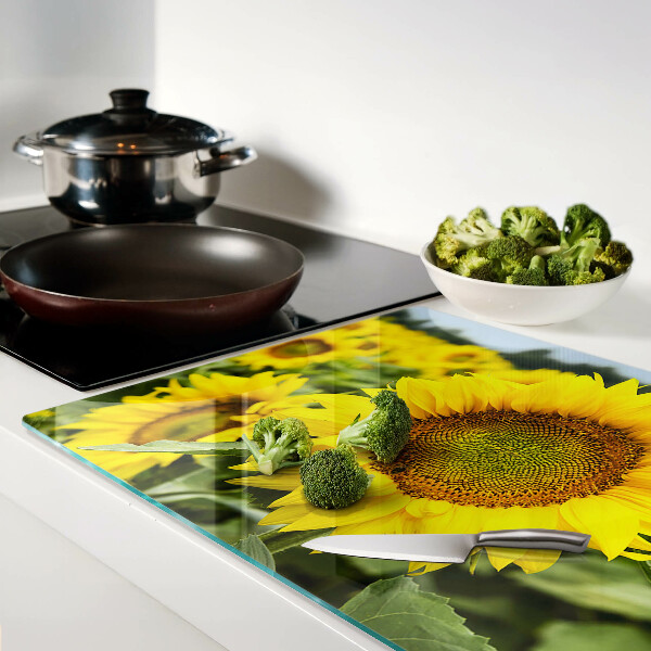 Chopping board Sunflowers against a background of greenery