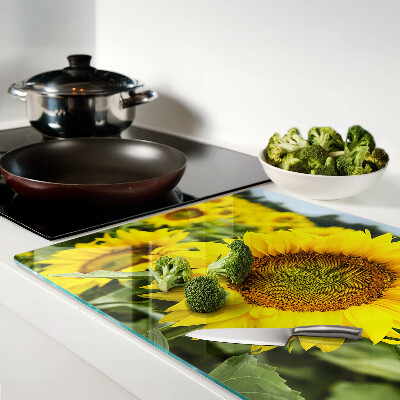 Chopping board Sunflowers against a background of greenery