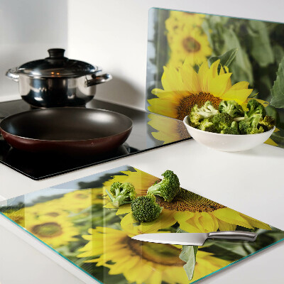 Chopping board Sunflowers against a background of greenery
