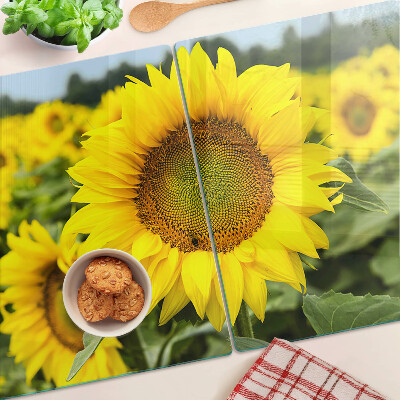 Chopping board Sunflowers against a background of greenery