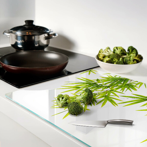 Chopping board Bamboo leaves against the window background