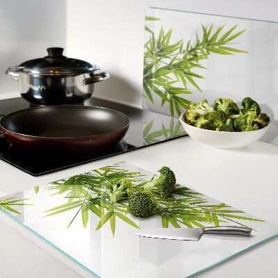 Chopping board Bamboo leaves against the window background