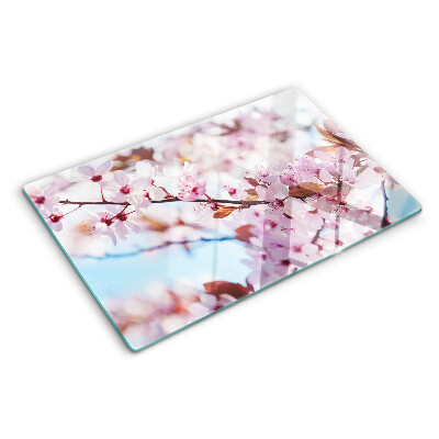 Glass chopping board Cherry blossoms on a blue background