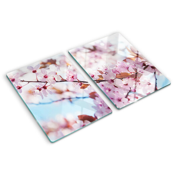 Glass chopping board Cherry blossoms on a blue background