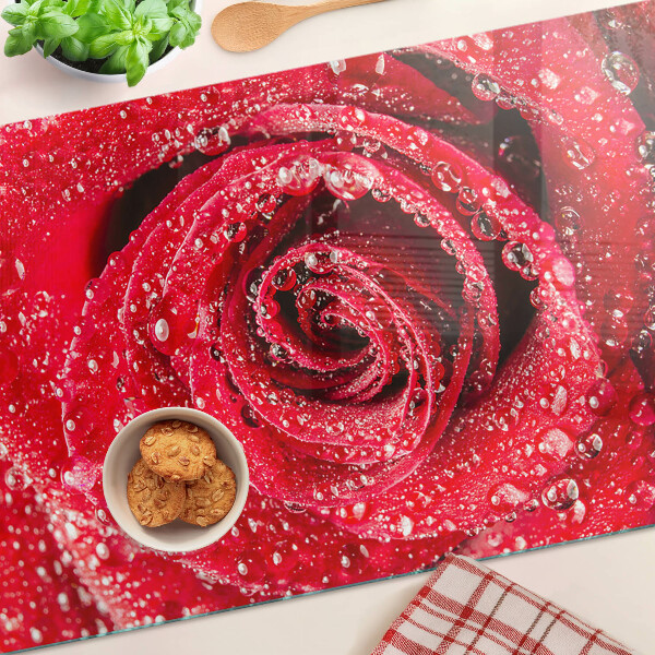 Chopping board Red rose with water drops