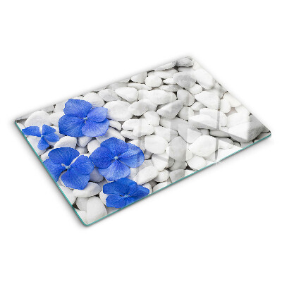 Chopping board glass Blue flowers on white stones