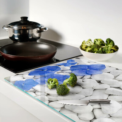 Chopping board glass Blue flowers on white stones