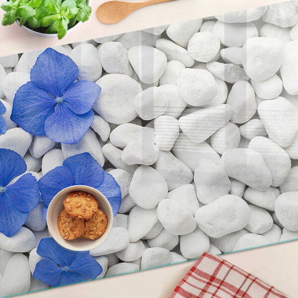 Chopping board glass Blue flowers on white stones