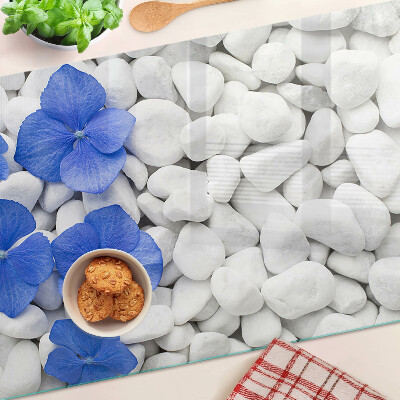 Chopping board glass Blue flowers on white stones