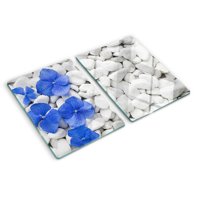 Chopping board glass Blue flowers on white stones