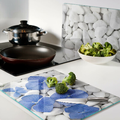 Chopping board glass Blue flowers on white stones