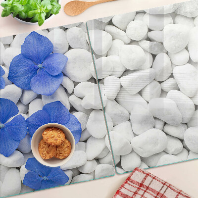 Chopping board glass Blue flowers on white stones