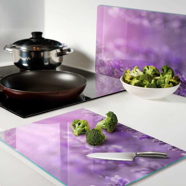 Glass chopping board Lavender flowers on a purple background