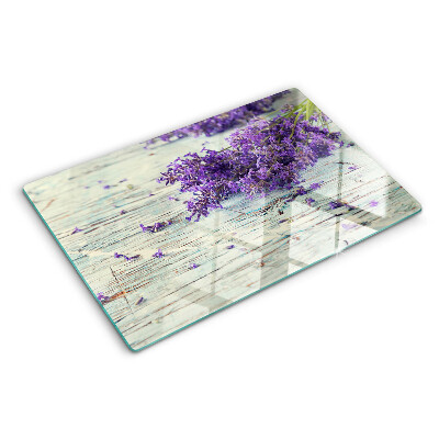 Glass cutting board Lavender on a wooden background