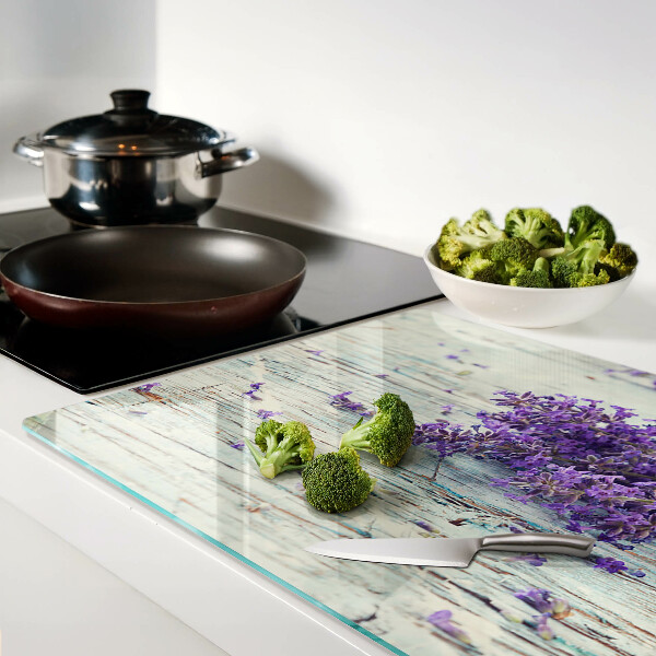 Glass cutting board Lavender on a wooden background