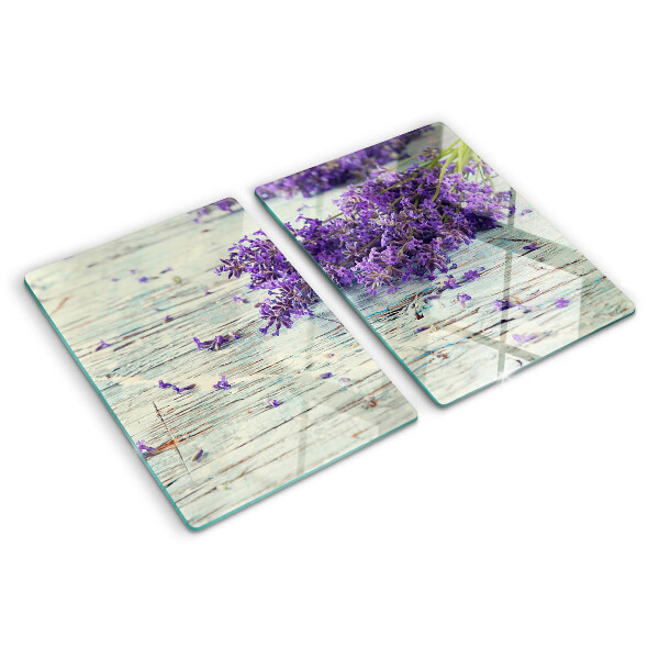 Glass cutting board Lavender on a wooden background