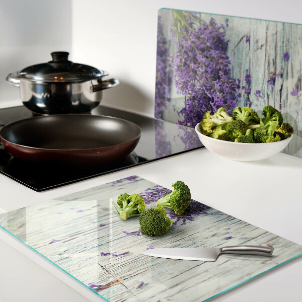Glass cutting board Lavender on a wooden background