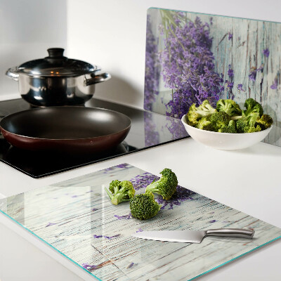Glass cutting board Lavender on a wooden background