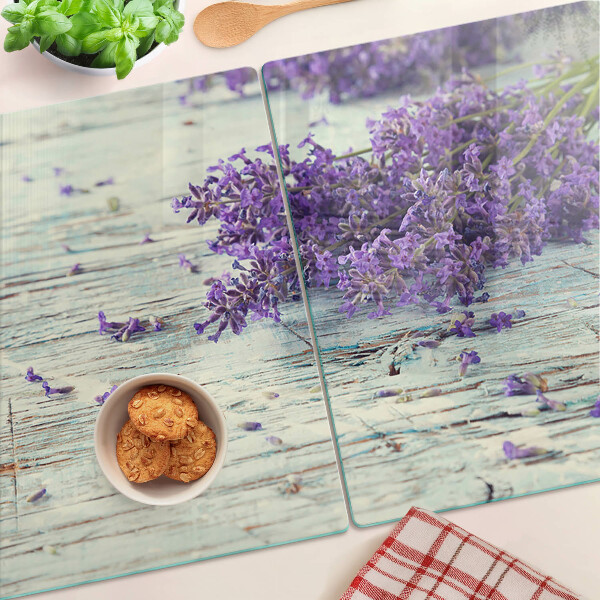 Glass cutting board Lavender on a wooden background