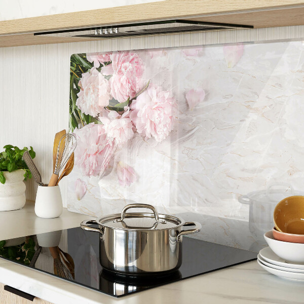 Glass cutting board Peony flowers on a marble background